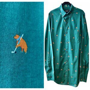 Bonobos Mens Size S Green Hockey Bear Print L/S Button Up Slim Fit Shirt Flaw